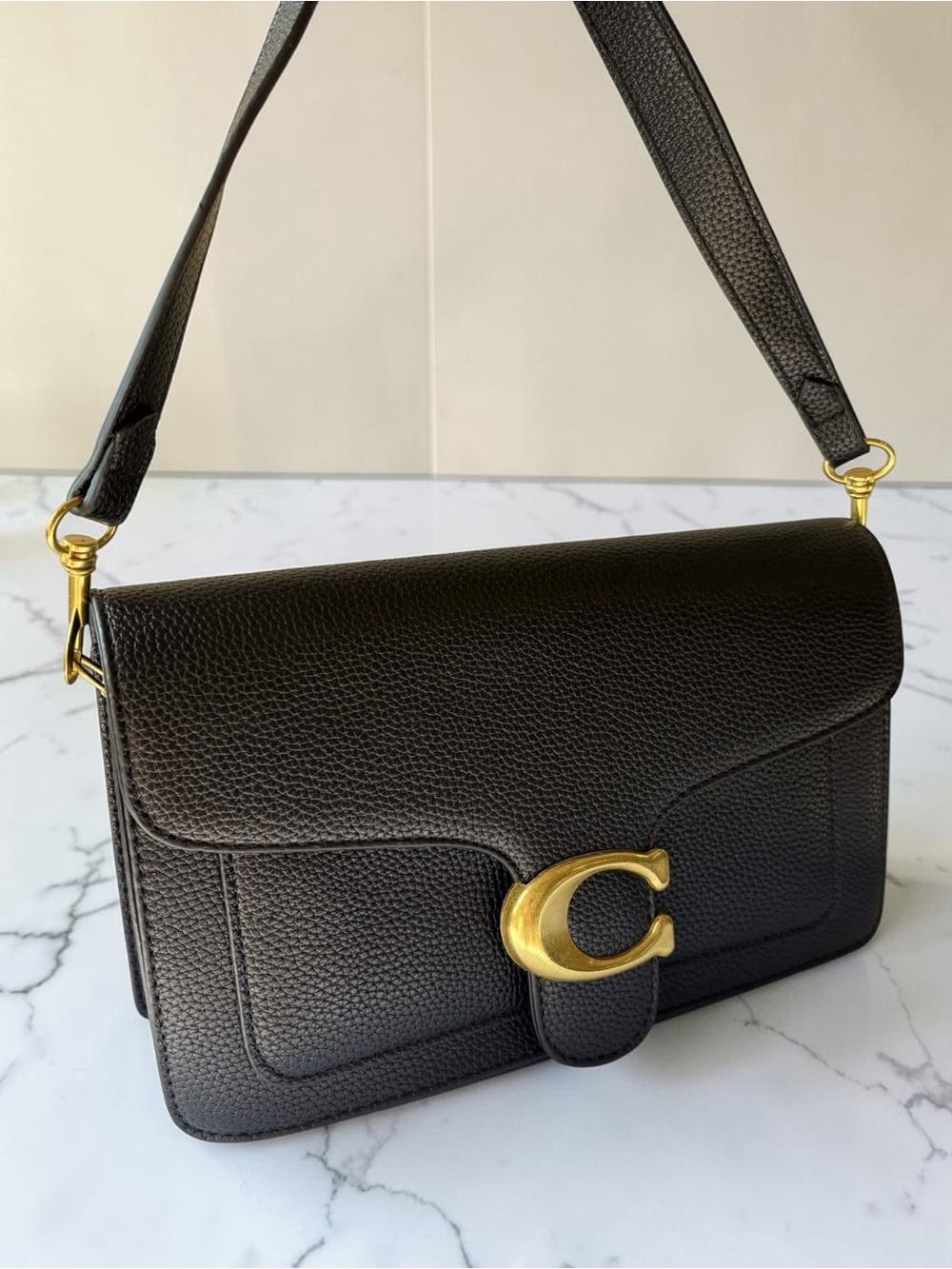 Coach Black Pebbled Leather Shoulder Bag with Gold 'C' Hardware